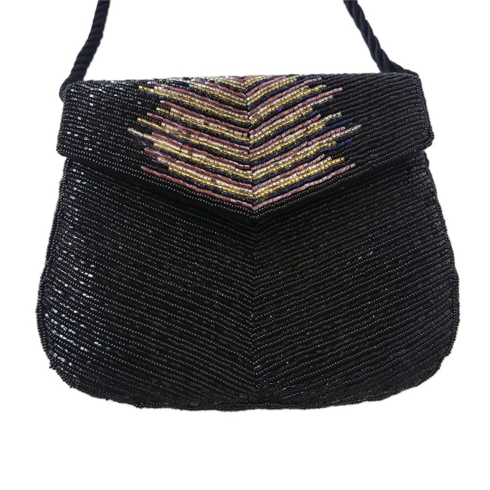 Vintage Black Beaded Evening Bag Rope Strap Art Deco Style - Picture 2 of 8